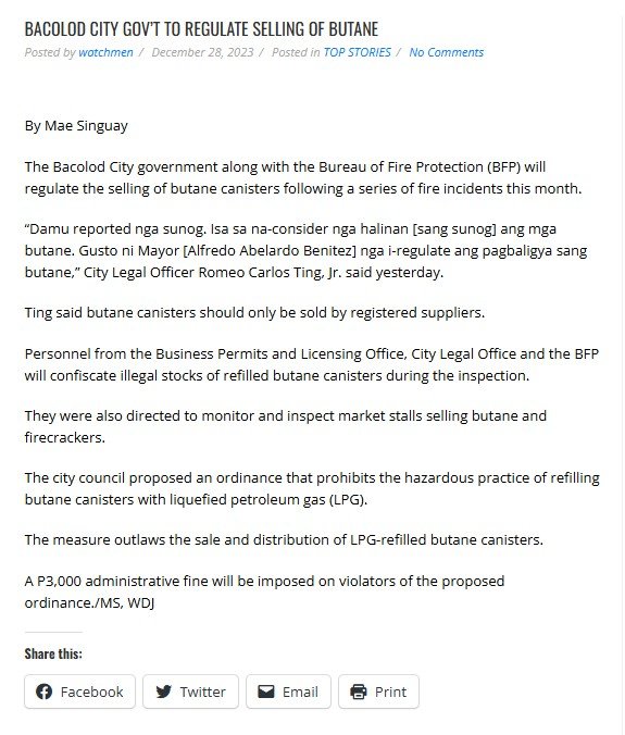 Bacolod City Gov’t to Regulate Selling of Butane