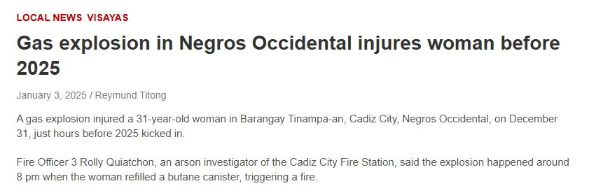 Gas Explosion in Negros Occidental Injures Woman Before 2025