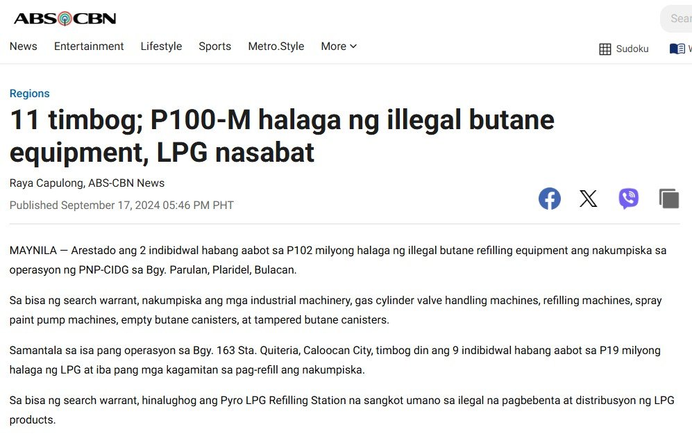 11 Timbog; P100-M Halaga Ng Illegal Butane Equipment, LPG Nasabat